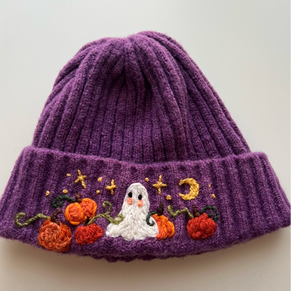 Purple Knit Beanie with Embroidered Ghost and Pumpkin Design